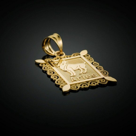 14K Solid Real Gold Aries Zodiac Sign Pendant